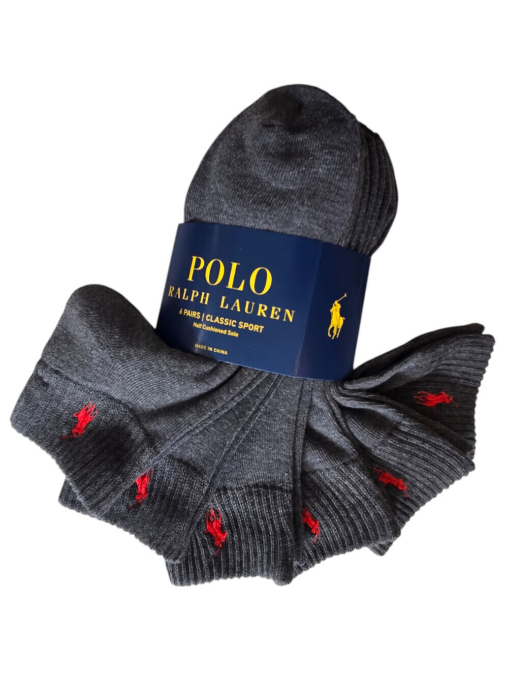Polo Ralph Lauren Mens Quarter Crew Socks Gray Red Pony Classic Sport 6 Pack NWT